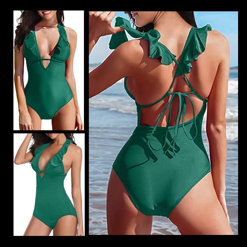 SHELY One Piece Deep V-Neck Ruffled Back Crossover Swimsuit NEW WITH TAG!